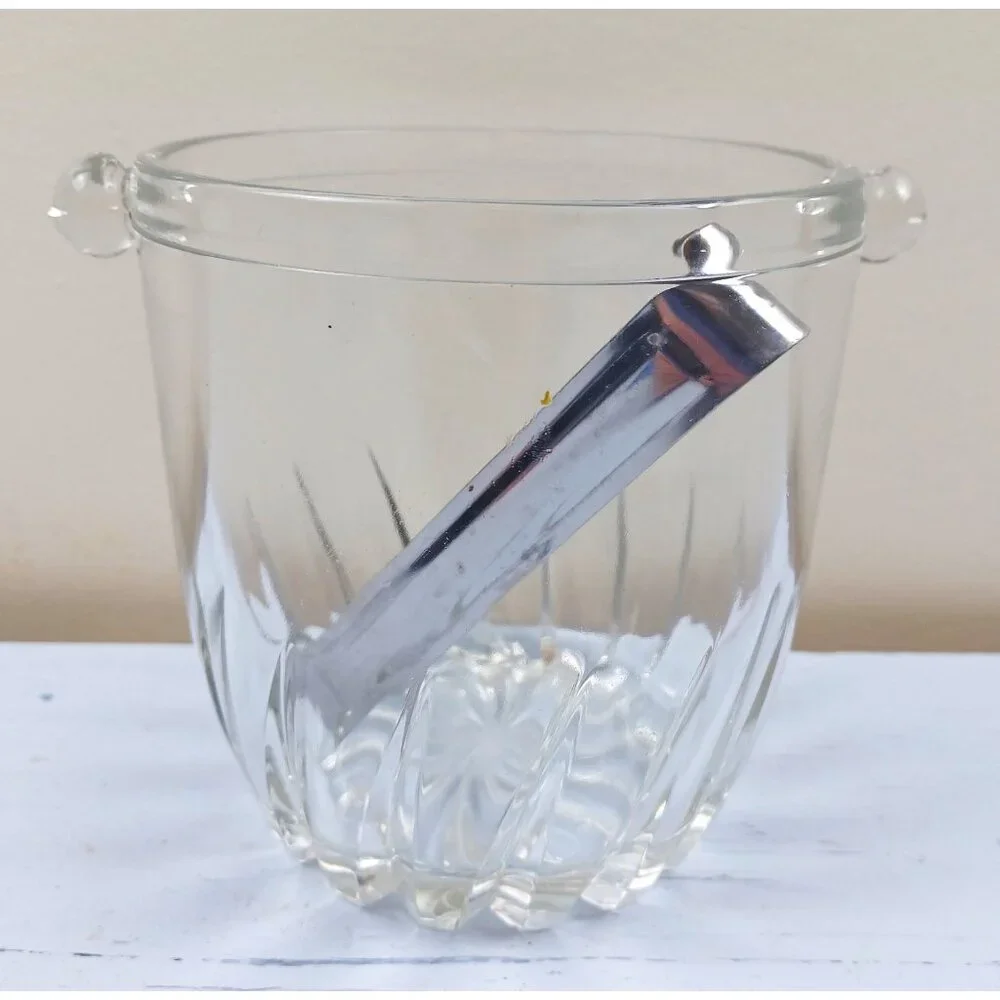Vintage Moncayo Clear Glass Ice Bucket With Chrome Tongs 4
